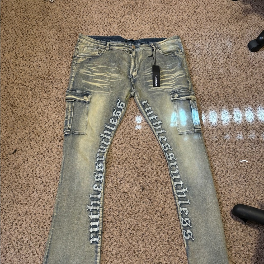 Stylish Distressed Jeans with Bold Text